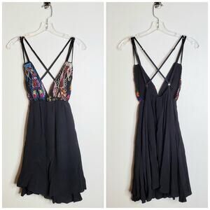 For Love & Lemons Black Boho Festival Mini Swing Dress Embroidered Trim Size M